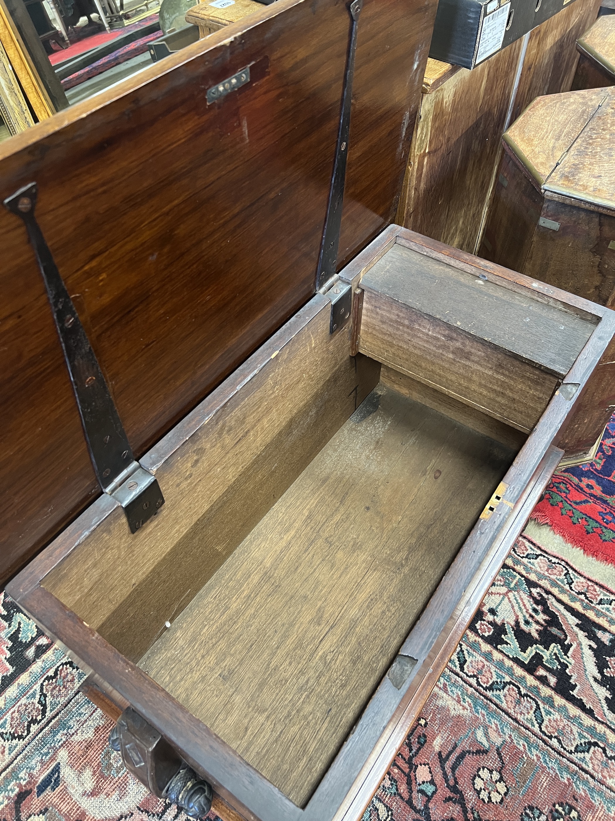 A 19th century hardwood seaman's chest on associated stand, width 89cm, depth 45cm, height 72cm together with an inlaid cigarette box